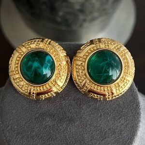 Vintage Christian Dior Green Swirly Glass Cabochon Gold Relief Clip-On Earrings